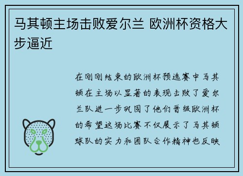 马其顿主场击败爱尔兰 欧洲杯资格大步逼近