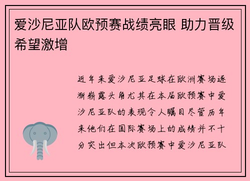 爱沙尼亚队欧预赛战绩亮眼 助力晋级希望激增