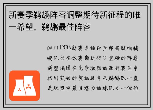 新赛季鹈鹕阵容调整期待新征程的唯一希望，鹈鹕最佳阵容