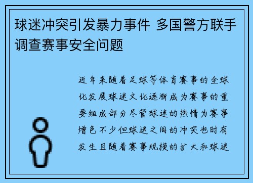 球迷冲突引发暴力事件 多国警方联手调查赛事安全问题