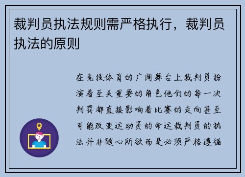 裁判员执法规则需严格执行,裁判员执法的原则